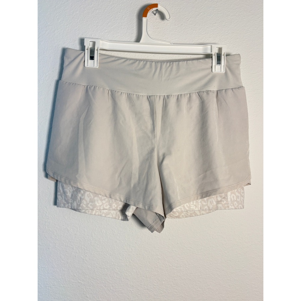 RBX Womens 2-in-1 Running Shorts Beige Leopard Print Liner Size Medium